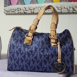 Michael Kors bag blue print canvas medium duffle bag,pre-owned
